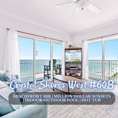 Crystal Shores West #608" | Beachfront 3BR Corner Unit*Panoramic Gulf Front Views*Indoor (Heated)/Outdoor Pool*Hot Tub*Gym*Sleeps 8