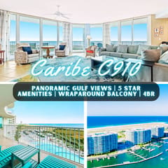 Caribe C910" | 4BR Gulf Front Condo With Sweeping Views*Unmatched Amenities*Lazy River*Outdoor Pools*Hot Tub*Boat Slip*Beach Trolley*Cabanas*On Site Restaurants*Sleeps 12